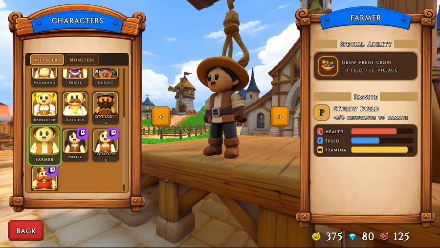 Not Monsters character selection screen showing the Farmer and other playable characters