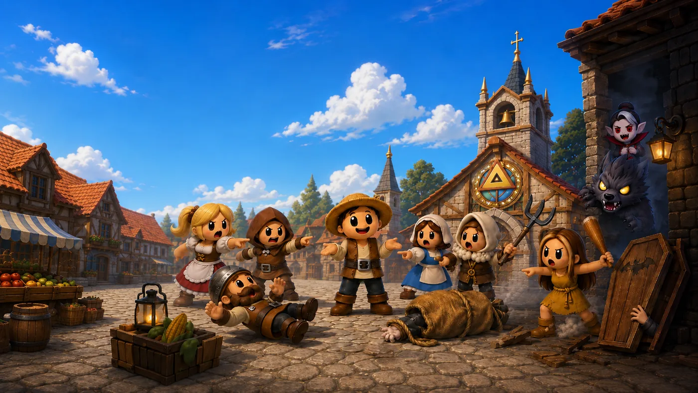 Not Monsters key art showing villagers confronting monsters in a medieval town
